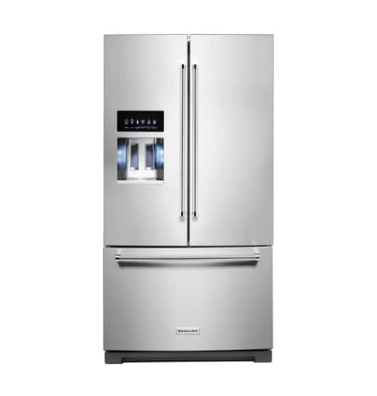 A French Door Refrigerator w/ Exterior Ice and Water In PrintShield™ Finish.