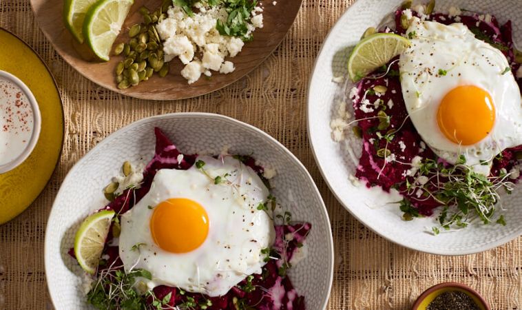 Chilaquiles with beetroot salsa.