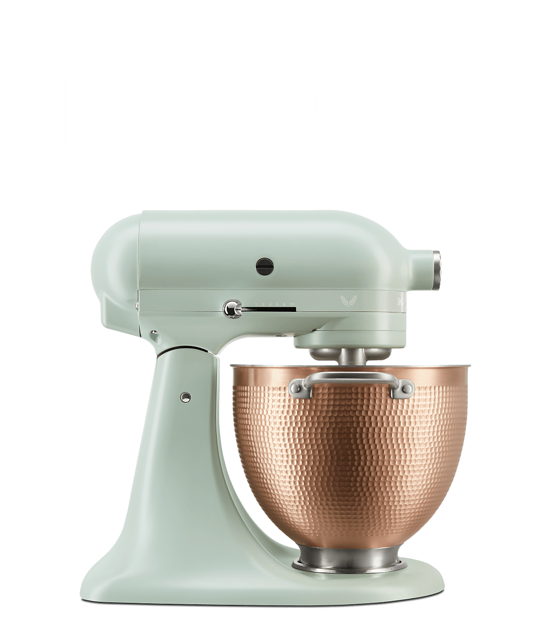 The KitchenAid® Design Series Stand Mixer on a thyme green background with hand-drawn florals and botanicals. 