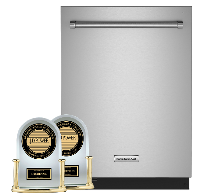 A KichenAid® dishwasher and two J.D. Power award trophies. 