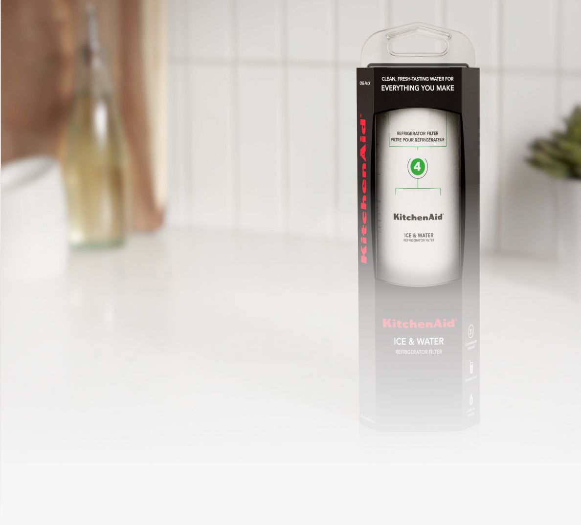 A KitchenAid® water filter on a countertop.