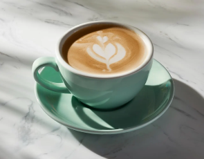 A cappuccino served with latte art in a light blue mug on a saucer.