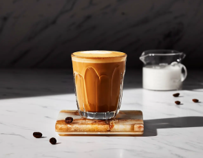 A cortado served in a glass cup on a natural stone coaster.