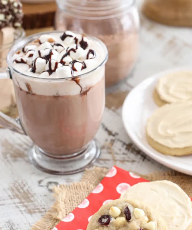 Hot chocolate with whipped cream and chocolate sauce served with cookies.