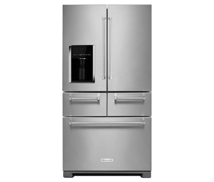 A KitchenAid® 25.8 Cu. Ft. 36" Multi-Door Freestanding Refrigerator with Platinum Interior Design.
