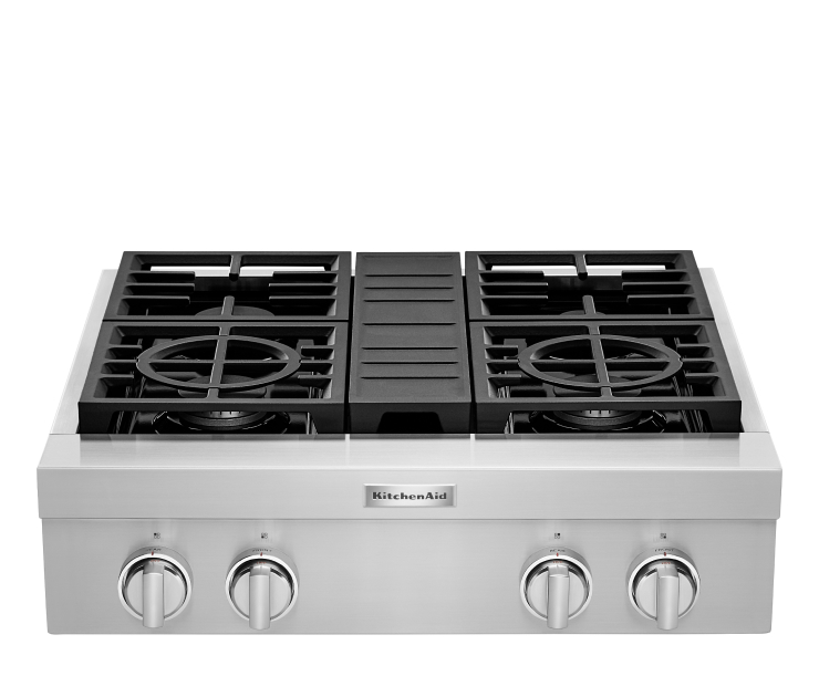 A KitchenAid® 30" 4-Burner Commercial-Style Gas Rangetop.