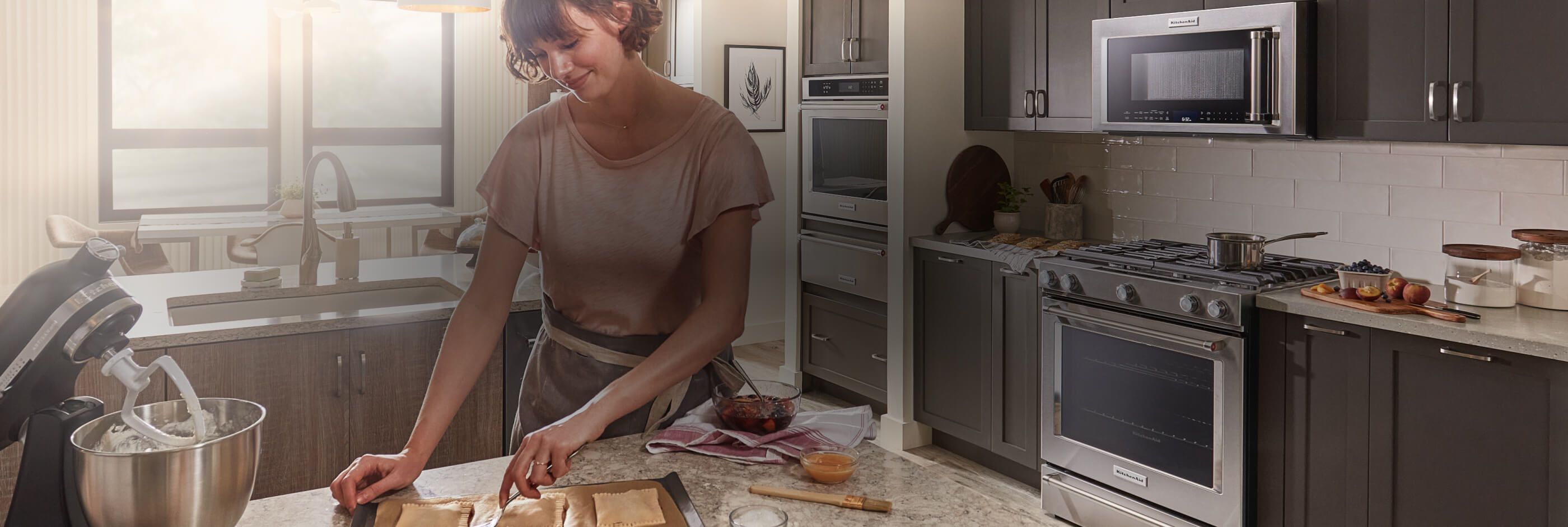 Cooking pizza in a KitchenAid® professional-style range oven.