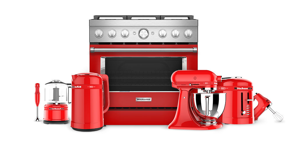 Red retro kitchen appliances on a worktop by KitchenAid Stock Photo - Alamy
