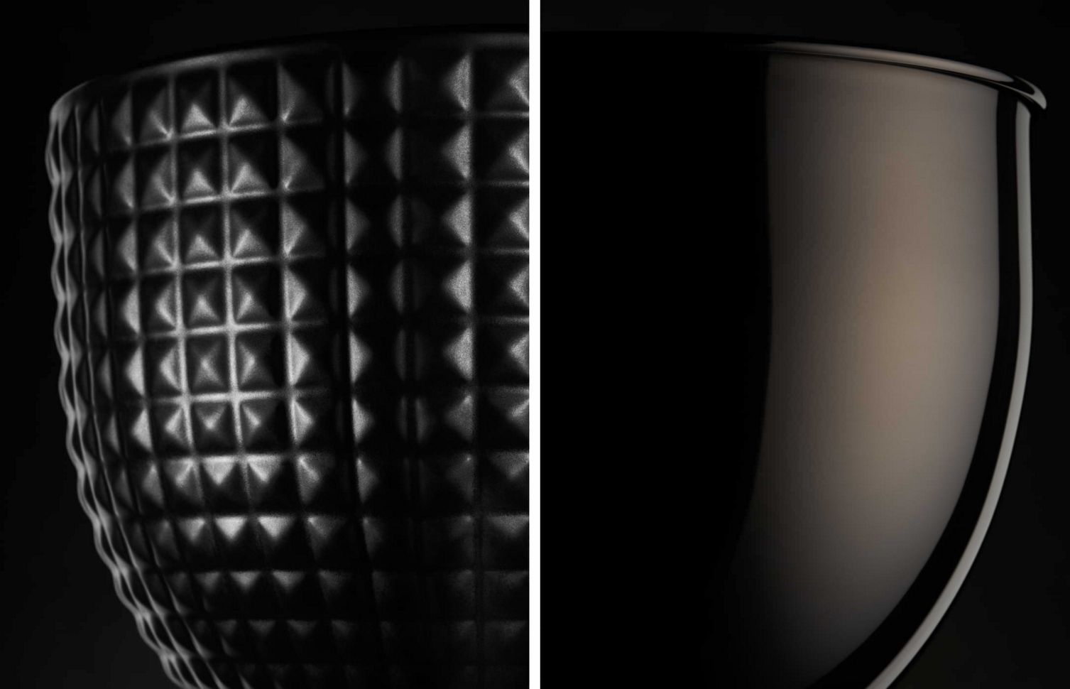 A closeup of both the black ceramic studded bowl and the black stainless steel bowl.
