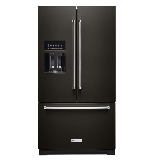 A French Door Refrigerator w/ Exterior Ice and Water in black stainless.