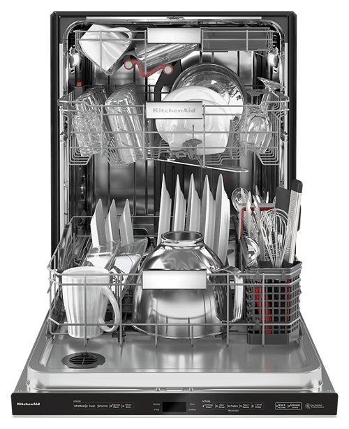 Interior view of loaded KitchenAid® FreeFlex™ Third Rack Dishwasher