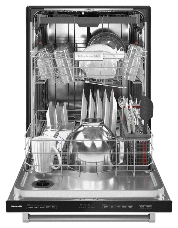 Interior view of loaded KitchenAid® Dishwasher with Third Level Utensil Rack