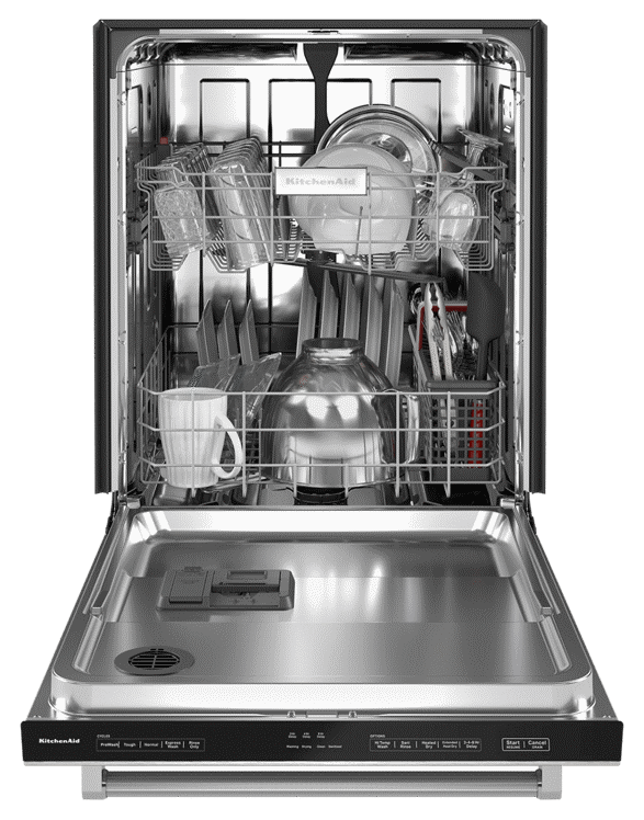 Interior view of loaded two rack dishwasher