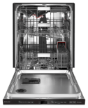 Empty dishwasher with third level utensil rack and stainless interior