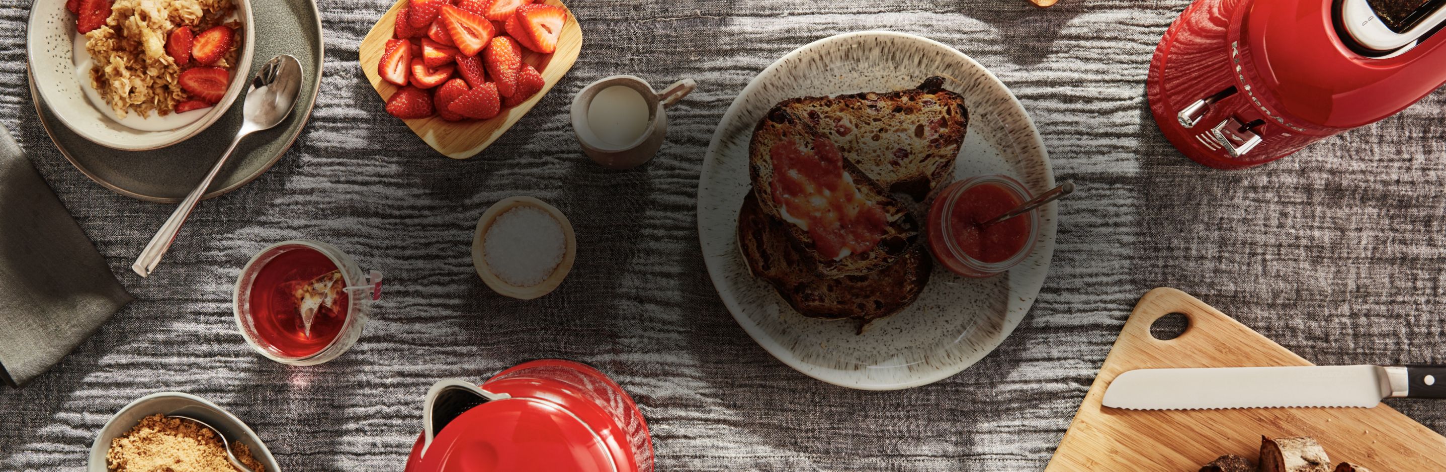 Strawberry muesli and bruschetta.