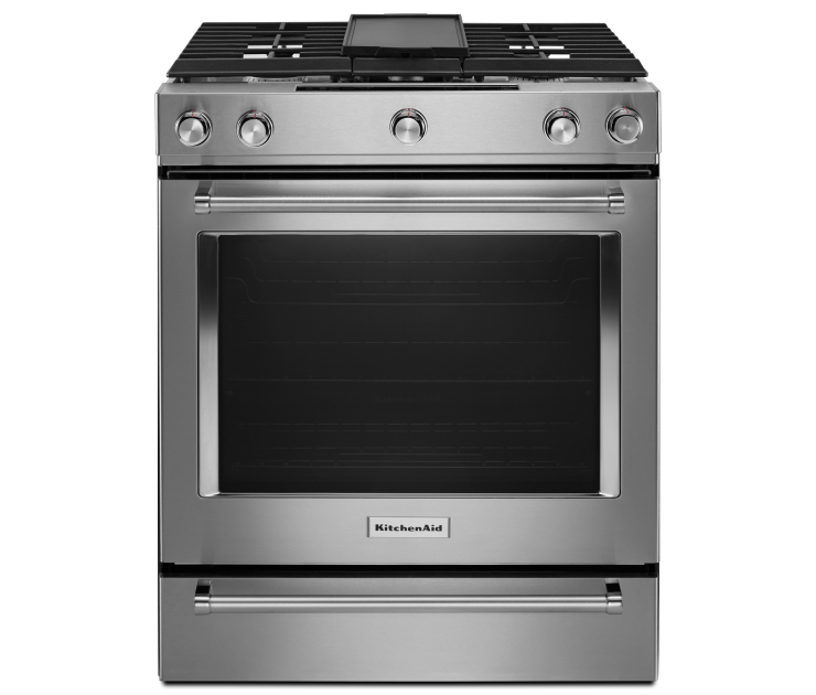 A KitchenAid® 30-Inch 5-Burner Dual Fuel Convection Slide-In Range with Baking Drawer.