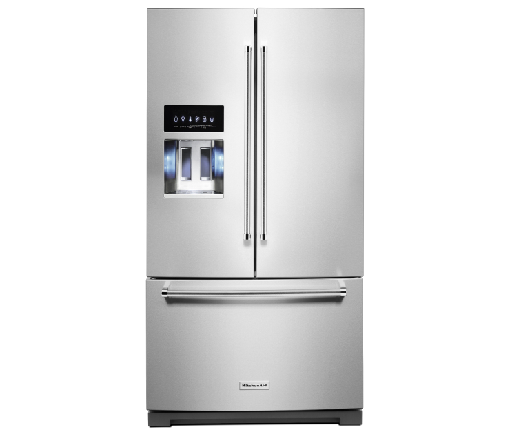 A 26.8 Cu. Ft. 36-Inch Standard-Depth French Door Refrigerator with Exterior Ice and Water Dispenser.