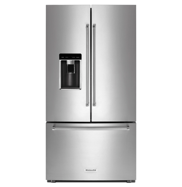 A KitchenAid® 23.8 cu. ft. 36" Counter-Depth French Door Platinum Interior Refrigerator with PrintShield™ Finish.