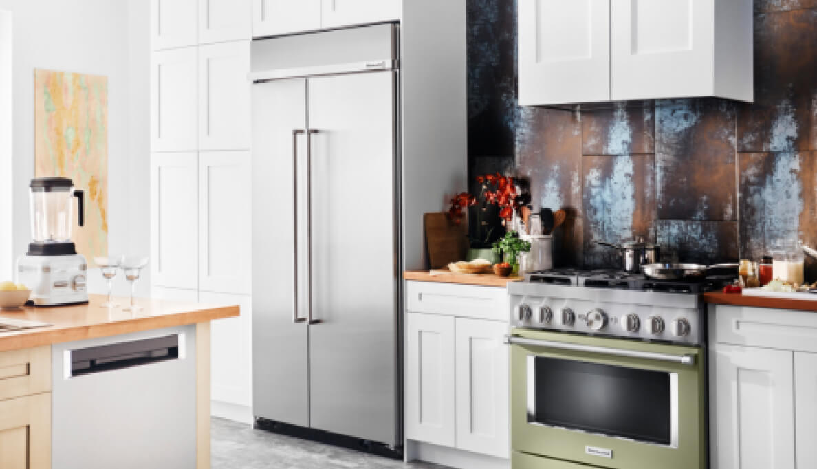 KitchenAid® Side-by-Side Refrigerator in a white kitchen.