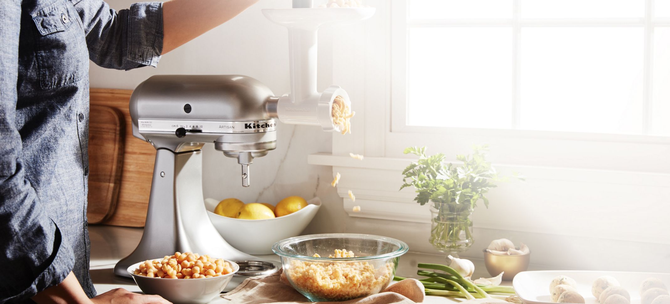 Cutting spirals with a KitchenAid® stand mixer attachment.