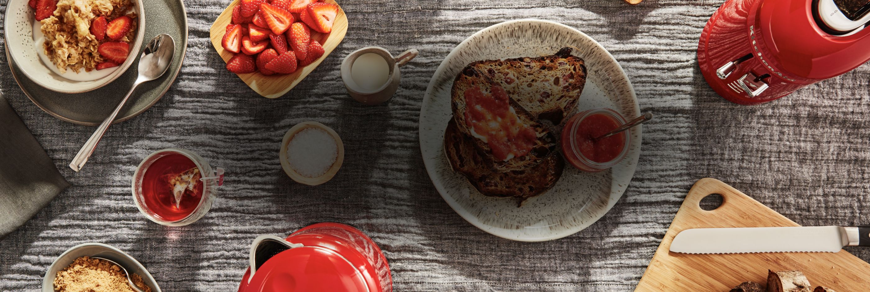 Strawberry muesli and bruschetta.