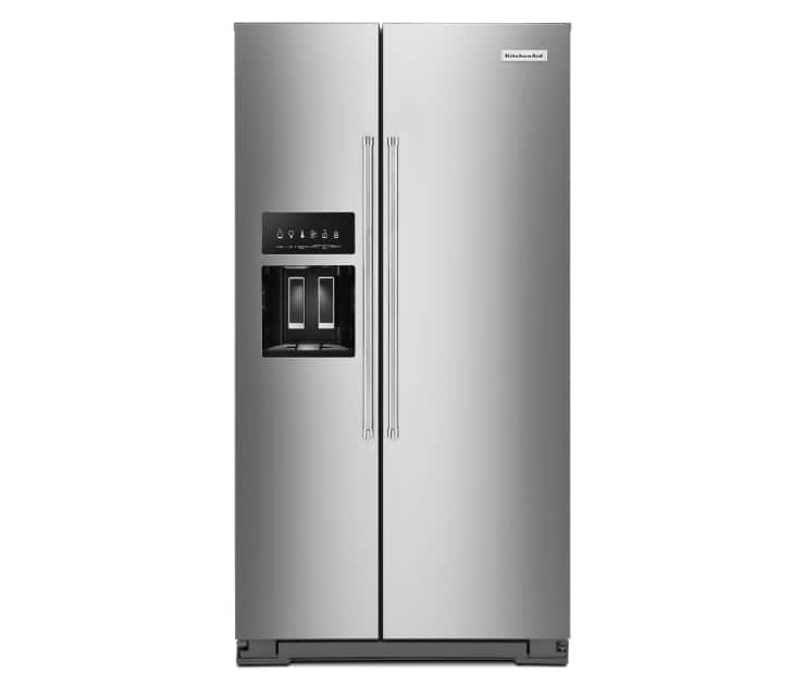 A KitchenAid® 19.9 cu ft. Counter-Depth Side-by-Side Refrigerator with Exterior Ice and Water and PrintShield™ finish.
