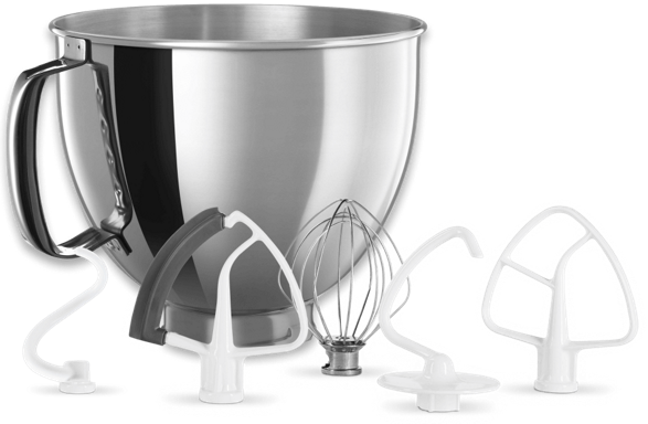 Picture of whip, beater, dough hook and stainless steel bowl.