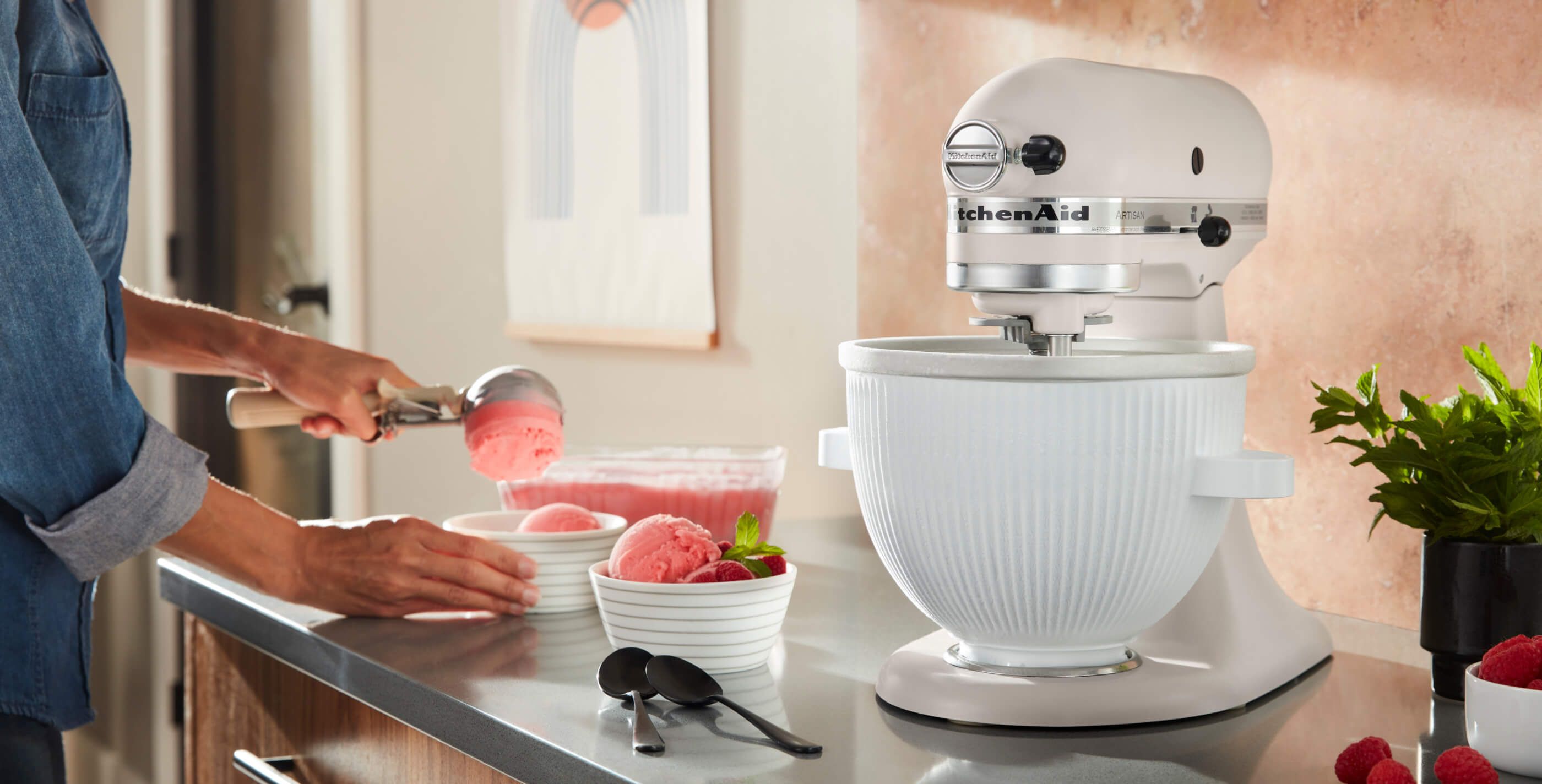 White KitchenAid® Stand Mixer with two small bowls of strawberry ice cream.