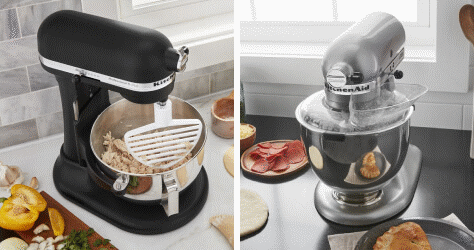 A Matte Black Stand Mixer using a Pastry Beater. A Chrome Stand Mixer using a Secure Fit Pouring Shield.