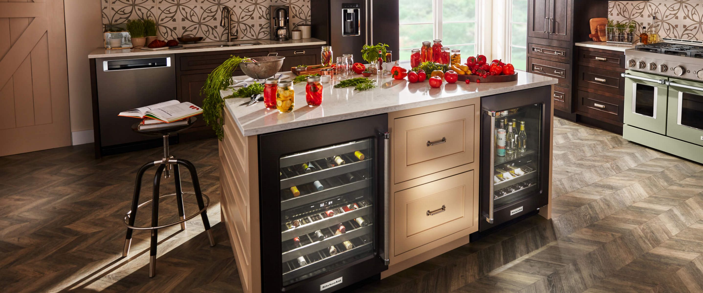 Kitchen island with wine cellar and beverage center
