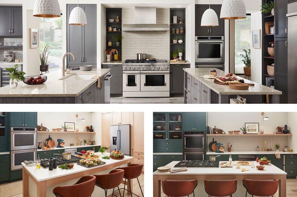 A series of kitchen images featuring a KitchenAid® wall oven, cooktop, dishwasher, and refrigerator.