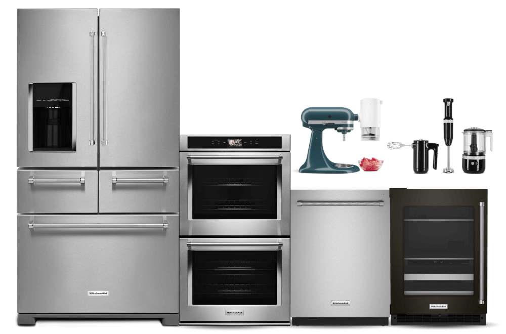 A suite of KitchenAid® appliances, featuring a double wall oven and various countertop appliances.