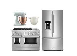 A KitchenAid® range, refrigerator and stand mixer.