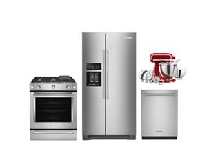 A KitchenAid® range, refrigerator, dishwasher and stand mixer.