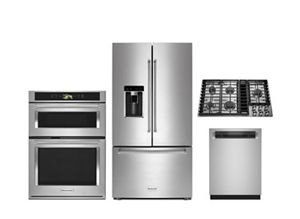 A KitchenAid® smart oven, cooktop, refrigerator and dishwasher.