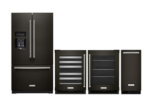 A KitchenAid® refrigerator, wine cellar, undercounter refrigerator and ice maker.