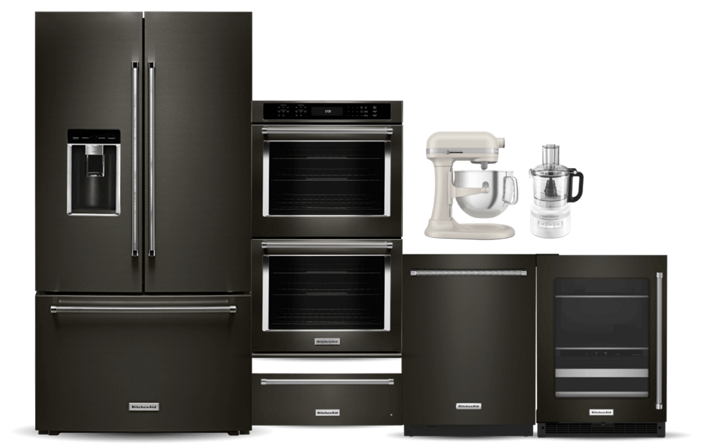 A suite of black stainless KitchenAid® appliances.