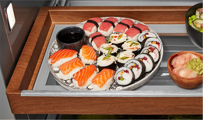Sushi platter on Sliding Storage Tray
