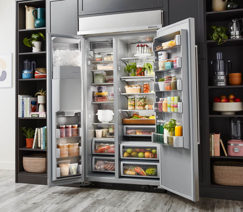 KitchenAid® Built-In Side-by-Side Refrigerator filled with ingredients in the ExtendFresh™ Temperature Management System