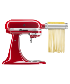 Red KitchenAid® stand mixer with attachments.