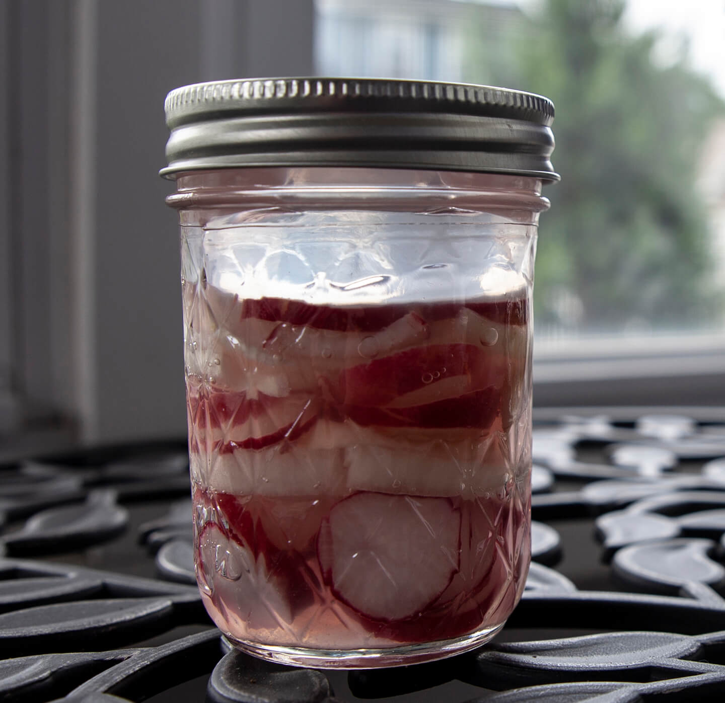 A sealed, glass jar holding fermented radishes.