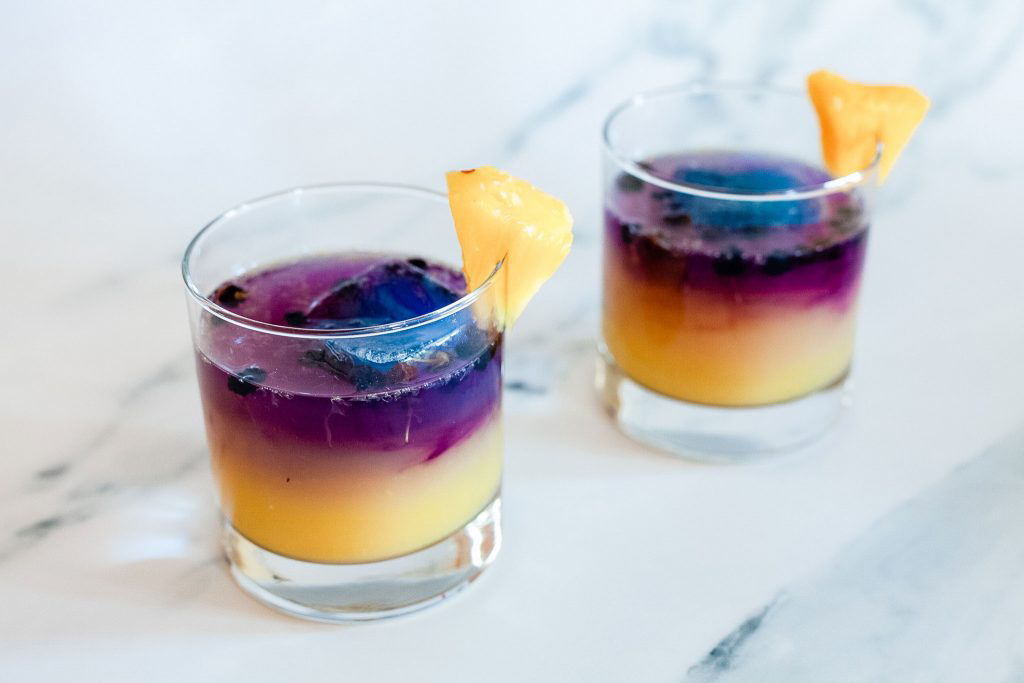 Cocktails made with butterfly pea flower tea.