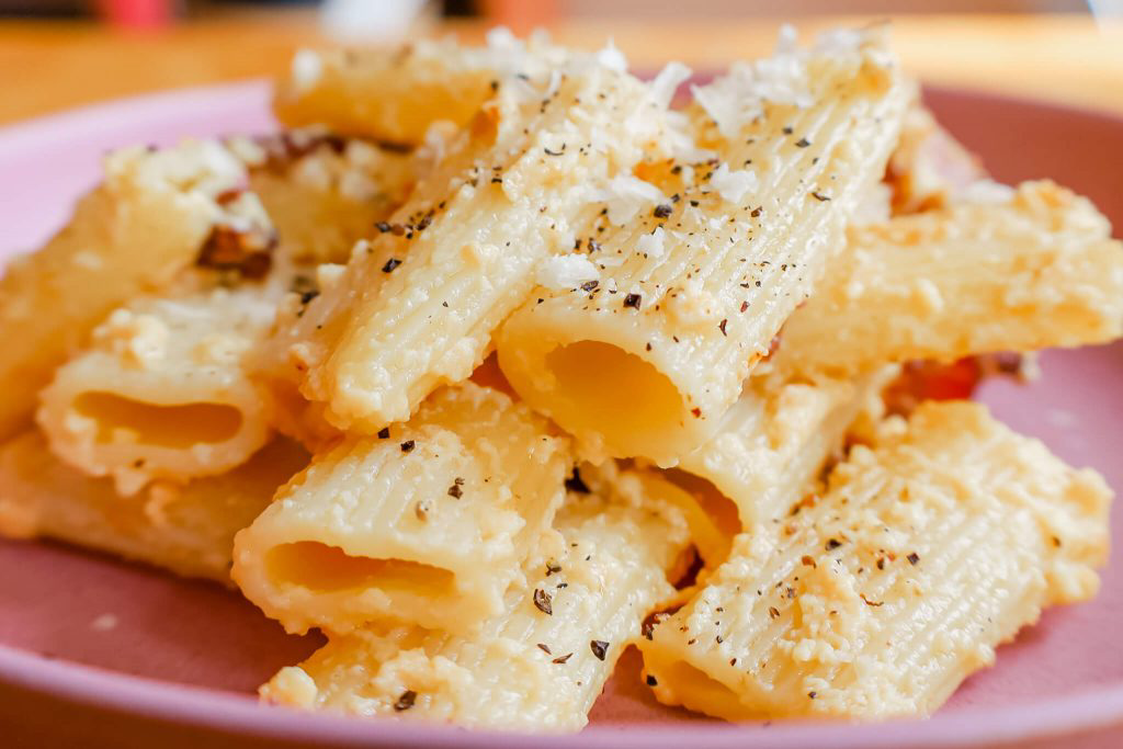 A closeup of hearty pasta.