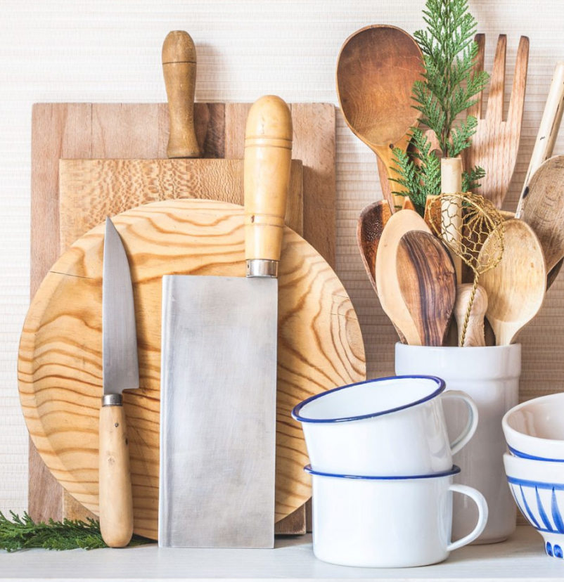 Wooden cutting boards and utensils.
