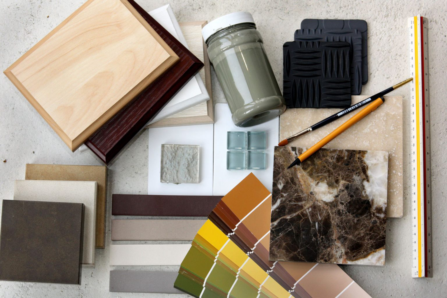 A variety of paint swatches and sample textures and tones.