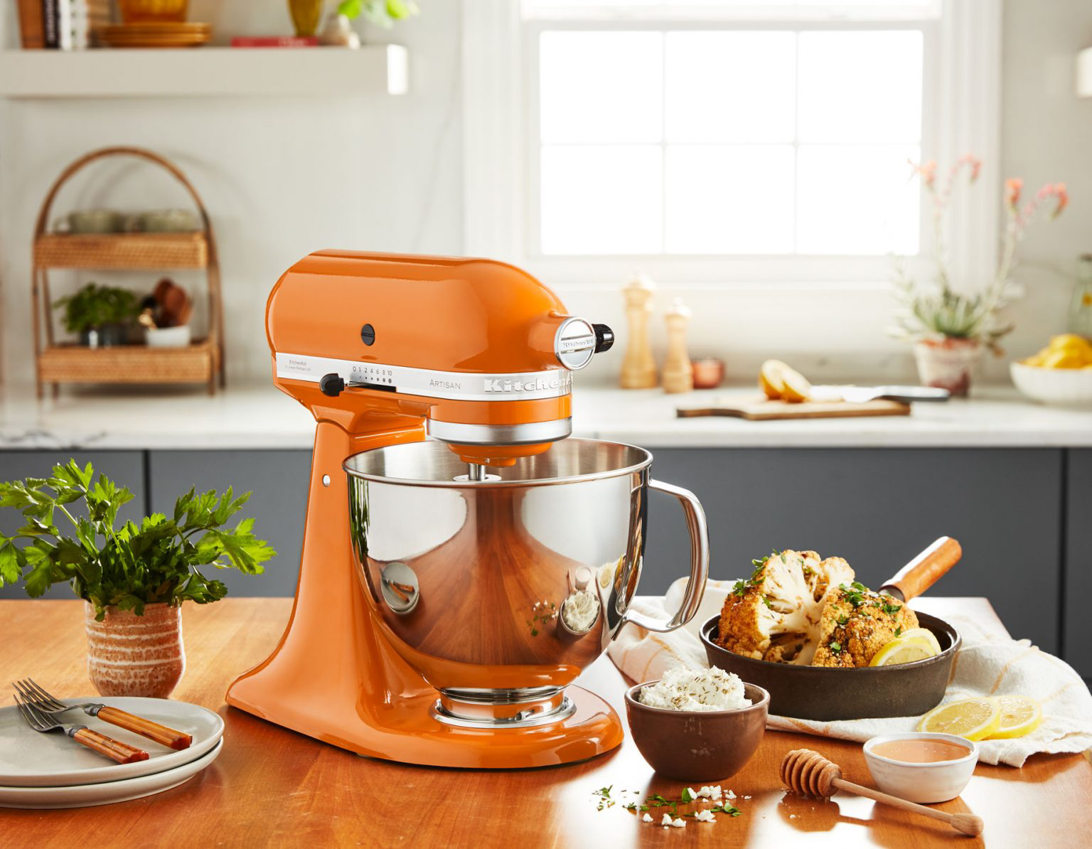 A KitchenAid® Stand Mixer in Honey.