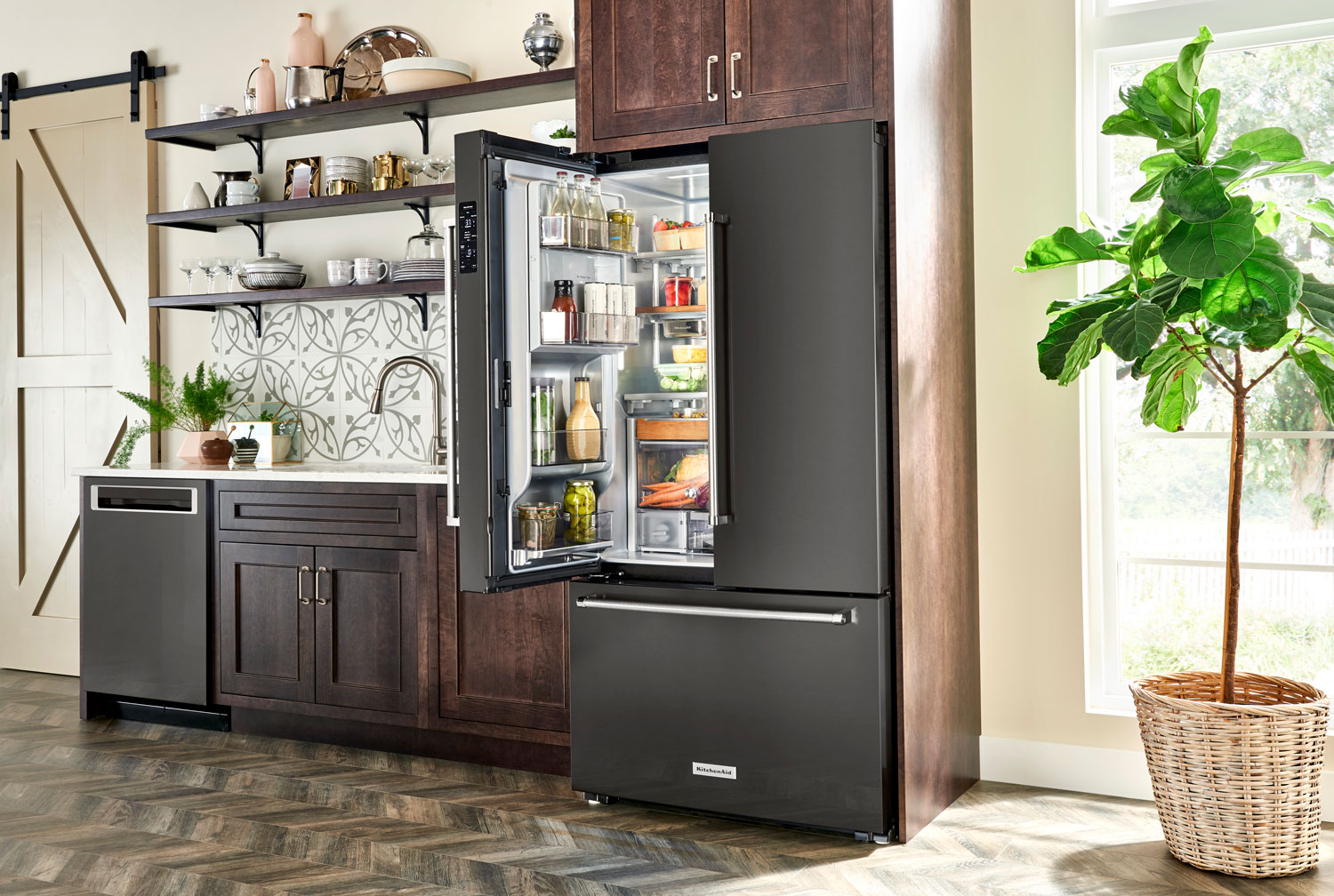 A KitchenAid® refrigerator with French doors.