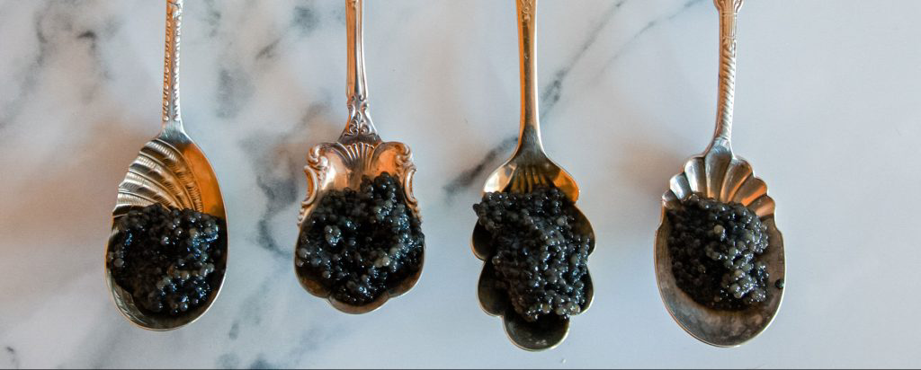 Ornate spoonfuls of black caviar.