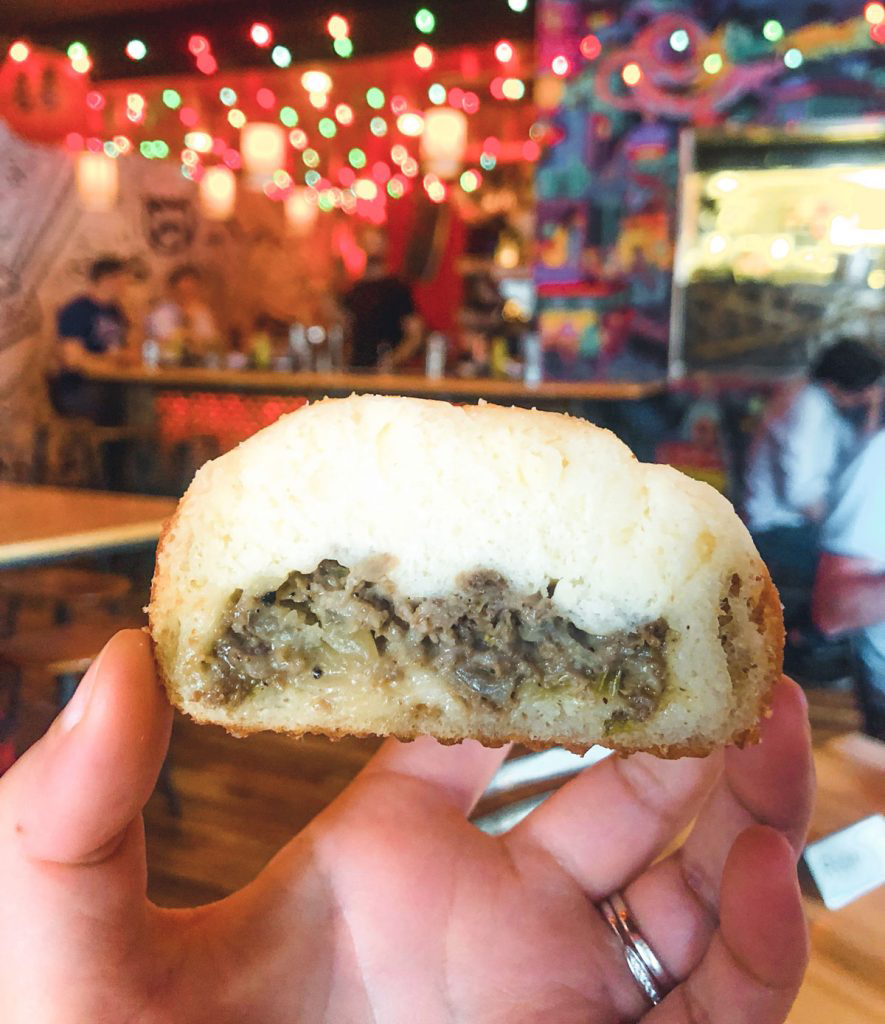 A soft bun filled with Philadelphia cheesesteak.