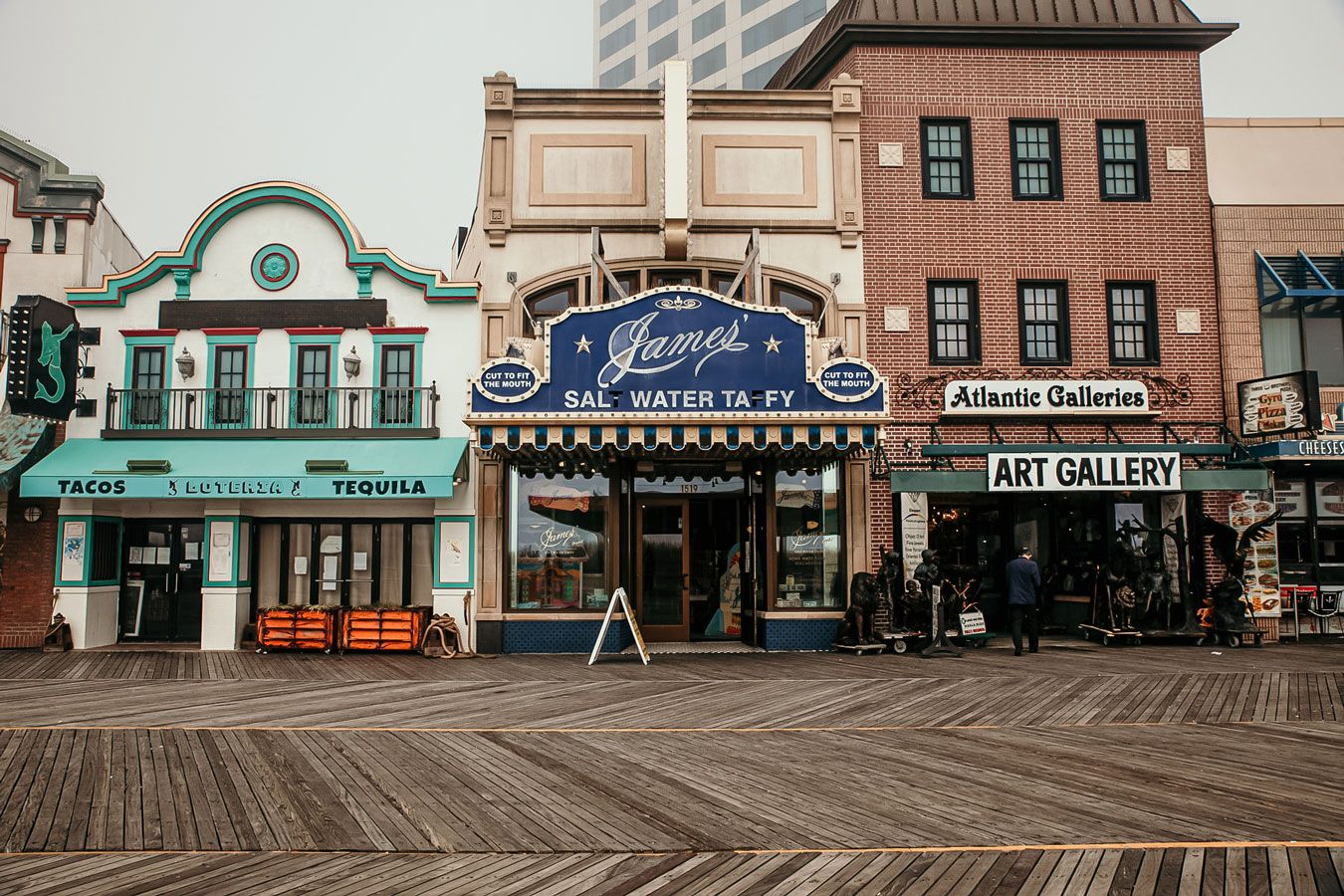 The colorful shops and restaurants of the boardwalk.